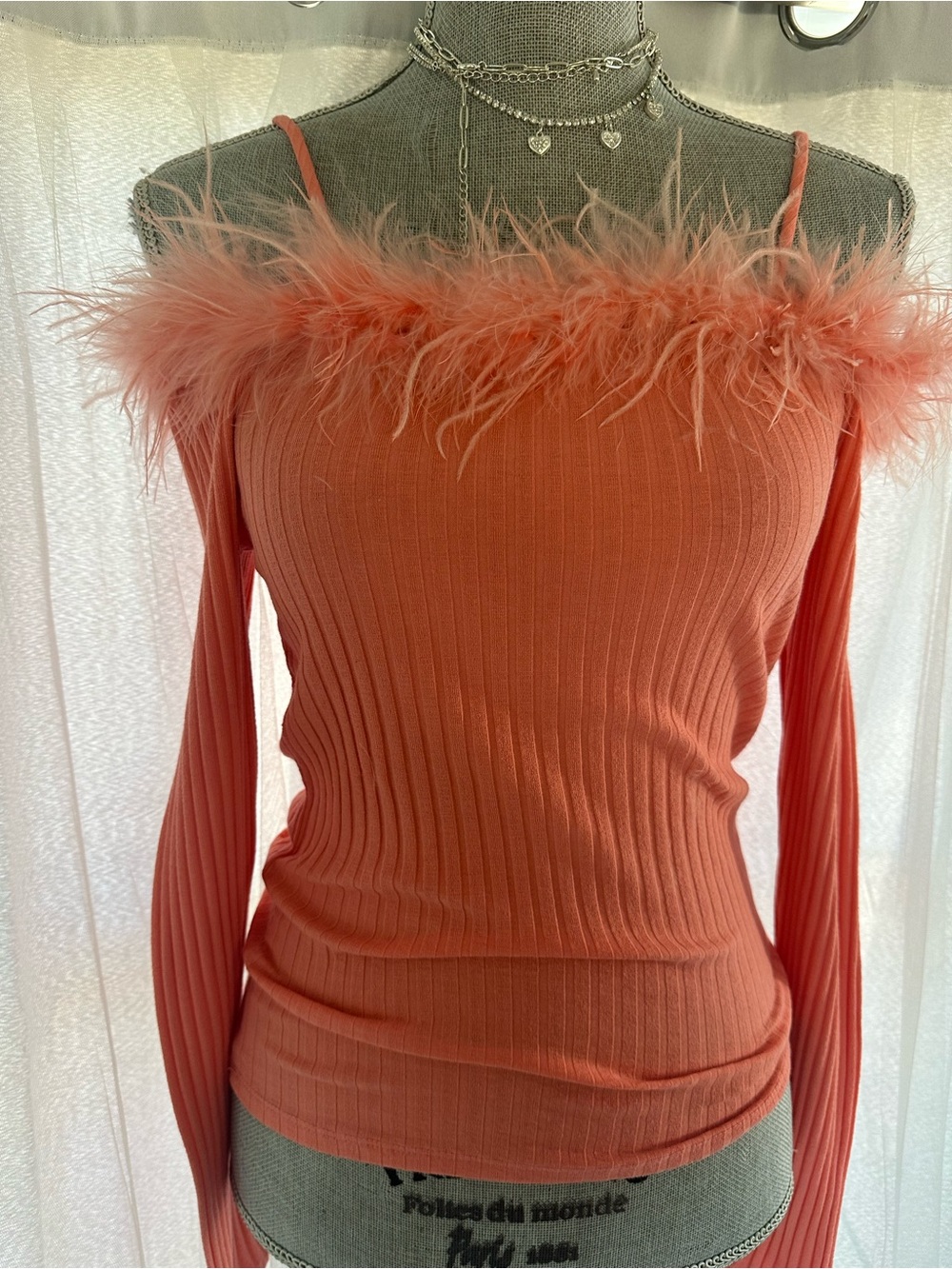 Chocolate Coral Feather-Trim Ribbed Off-Shoulder Top